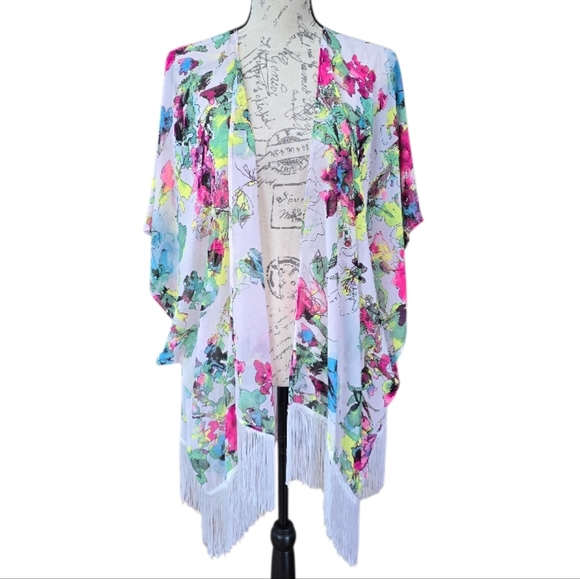 OP Other - OP Multicolor Floral White Fringed Swim Cover Kimono XL